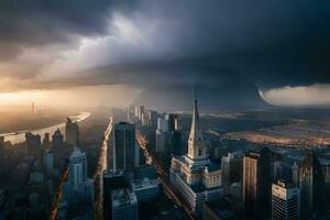 uma tempestade nuvens sobre a cidade Horizonte. gerado por IA foto