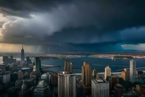 uma tempestade é visto sobre Novo Iorque cidade. gerado por IA foto