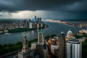 uma cidade Horizonte com tempestade nuvens sobre isto. gerado por IA foto