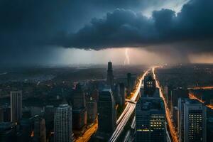 uma cidade debaixo uma tormentoso céu com raio. gerado por IA foto