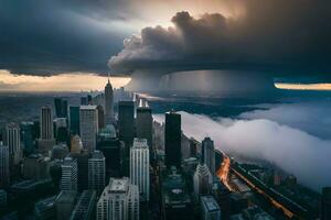 uma tempestade é visto sobre a cidade do Novo Iorque. gerado por IA foto