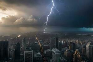 uma relâmpago parafuso greves sobre uma cidade com alta edifícios. gerado por IA foto