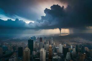 uma tempestade é visto sobre uma cidade com alta edifícios. gerado por IA foto