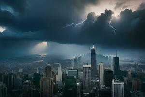 uma tormentoso céu sobre uma cidade com alta edifícios. gerado por IA foto