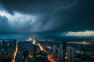 uma tempestade é visto sobre uma cidade às noite. gerado por IA foto