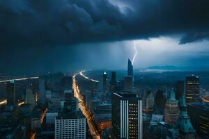 uma cidade debaixo uma tormentoso céu com raio. gerado por IA foto