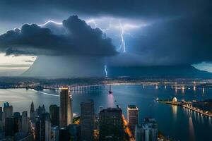 uma cidade com uma ampla tempestade nuvem e raio. gerado por IA foto