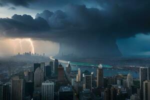 uma tempestade é visto sobre uma cidade com uma relâmpago parafuso. gerado por IA foto