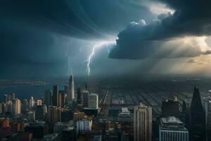 uma relâmpago parafuso greves através a nuvens sobre uma cidade. gerado por IA foto