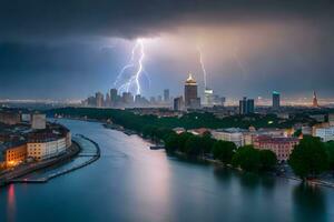 relâmpago greves sobre a cidade do Frankfurt, Alemanha. gerado por IA foto