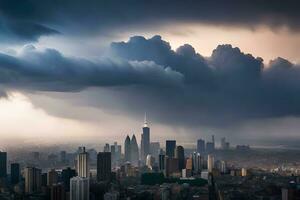 uma tormentoso céu sobre uma cidade com alta edifícios. gerado por IA foto