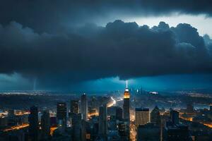 uma tempestade é visto sobre a cidade Horizonte às noite. gerado por IA foto