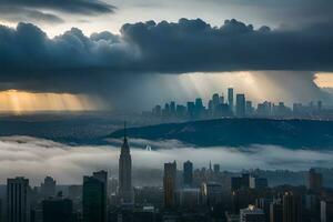 uma cidade Horizonte é visto através a nuvens. gerado por IA foto