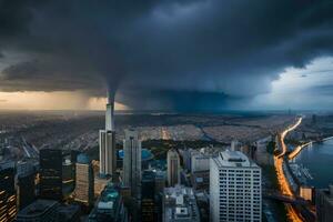 uma tempestade é visto sobre Novo Iorque cidade. gerado por IA foto