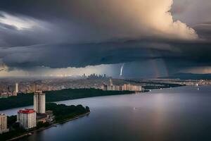 uma arco Iris é visto sobre uma cidade e uma tempestade. gerado por IA foto