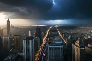 uma cidade debaixo uma tormentoso céu com raio. gerado por IA foto