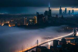 uma cidade Horizonte com névoa e luzes dentro a distância. gerado por IA foto