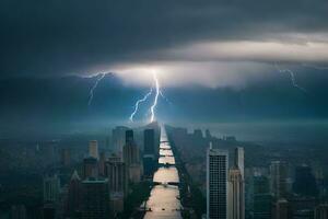 uma relâmpago parafuso greves sobre uma cidade Horizonte. gerado por IA foto