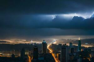 relâmpago greves sobre uma cidade às noite. gerado por IA foto