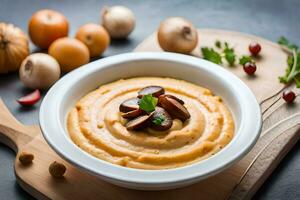 abóbora sopa com cogumelos e salsinha. gerado por IA foto