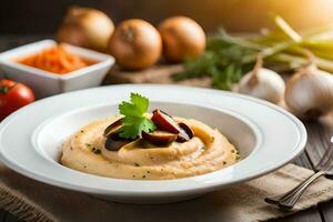 amassado batata com cogumelos e legumes em uma de madeira mesa. gerado por IA foto