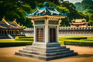 uma pequeno pagode dentro a meio do uma parque. gerado por IA foto