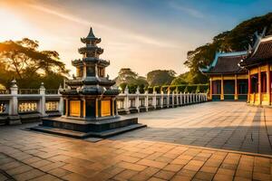 a Sol é configuração sobre uma pagode dentro uma chinês jardim. gerado por IA foto