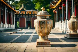 dois ampla vasos estão sentado em a terra dentro a oriental estilo. gerado por IA foto