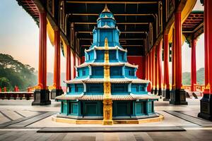 uma azul pagode dentro uma ampla construção com vermelho pilares. gerado por IA foto