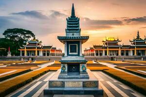 a Sol conjuntos sobre uma pagode dentro uma jardim. gerado por IA foto