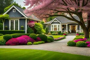 uma lindo casa com uma lindo jardim e árvores gerado por IA foto