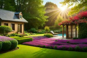 uma jardim com uma piscina e uma casa. gerado por IA foto