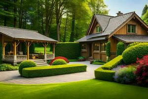 uma lindo jardim com uma gazebo e uma grama. gerado por IA foto