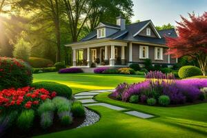 lindo panorama com uma casa e flores gerado por IA foto