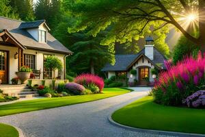 uma lindo jardim com uma entrada de automóveis conduzindo para uma casa. gerado por IA foto