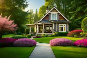 lindo casa com lindo jardim e flores gerado por IA foto