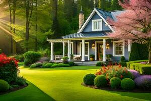 uma casa com uma gramado e flores dentro a Sol. gerado por IA foto