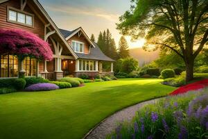 uma lindo casa com uma gramado e flores gerado por IA foto