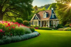 uma casa com uma jardim e flores dentro a Sol. gerado por IA foto