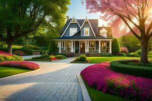 uma lindo casa com Rosa flores e árvores gerado por IA foto