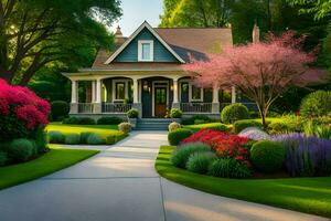 uma lindo casa com uma lindo jardim. gerado por IA foto