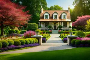 lindo panorama com uma casa e jardim. gerado por IA foto