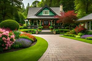 uma lindo casa com uma entrada de automóveis e flor jardim. gerado por IA foto