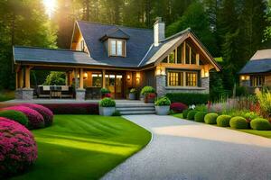 uma lindo casa com uma entrada de automóveis e jardim. gerado por IA foto