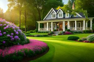uma lindo casa com uma exuberante verde gramado e flores gerado por IA foto