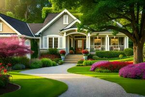 uma lindo casa com uma entrada de automóveis e flores gerado por IA foto