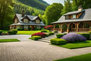 lindo casa dentro a montanhas com exuberante verde gramado e árvores gerado por IA foto