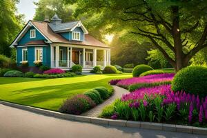 uma lindo casa com uma jardim e flores gerado por IA foto