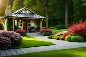 uma pequeno casa dentro a meio do uma exuberante verde jardim. gerado por IA foto