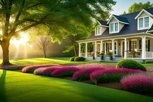 uma lindo casa com flores dentro a frente quintal. gerado por IA foto